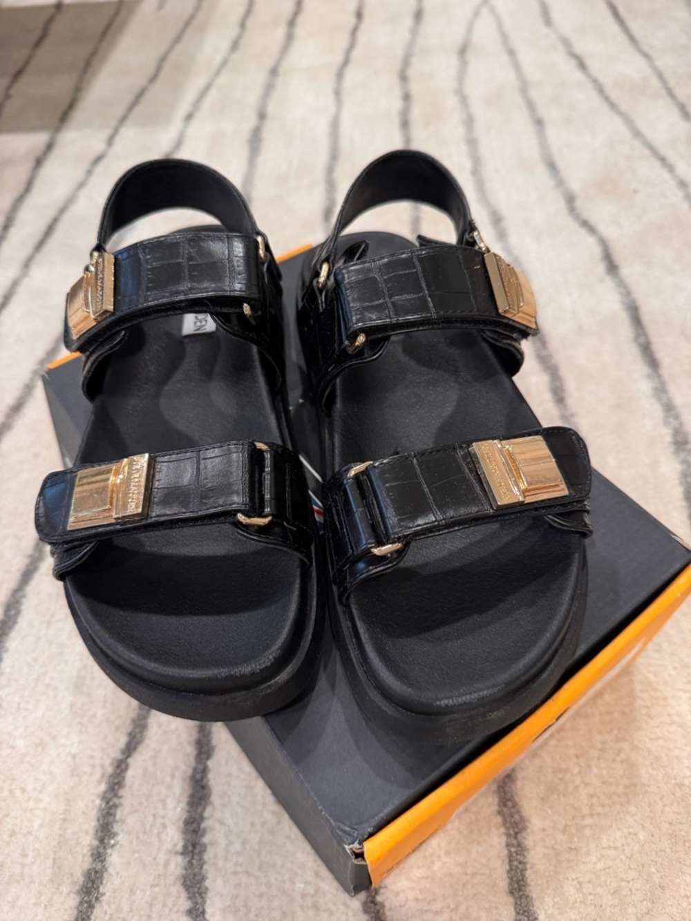 Steve Madden Black Croc-Embossed Double-Strap Sandals with Gold Buckles